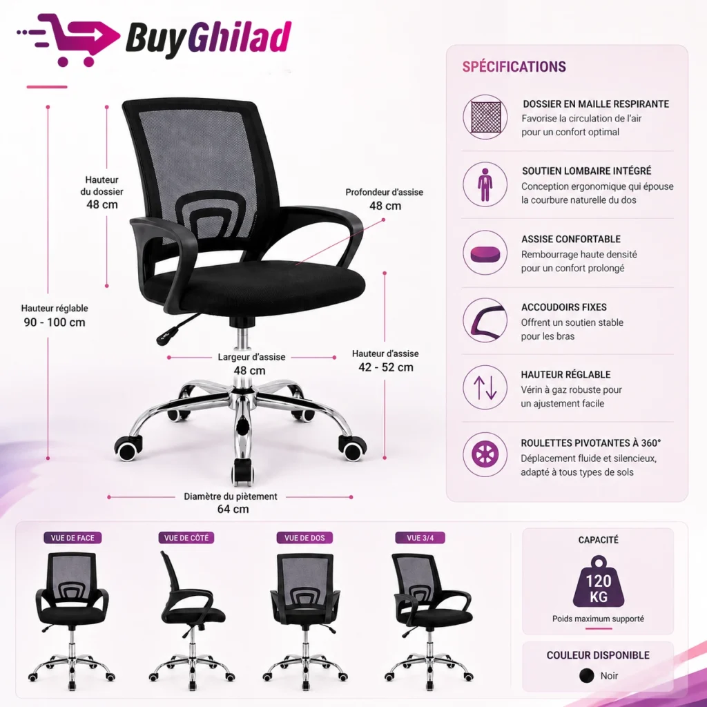 Fiche technique chaise de bureau ergonomique Maroc. 