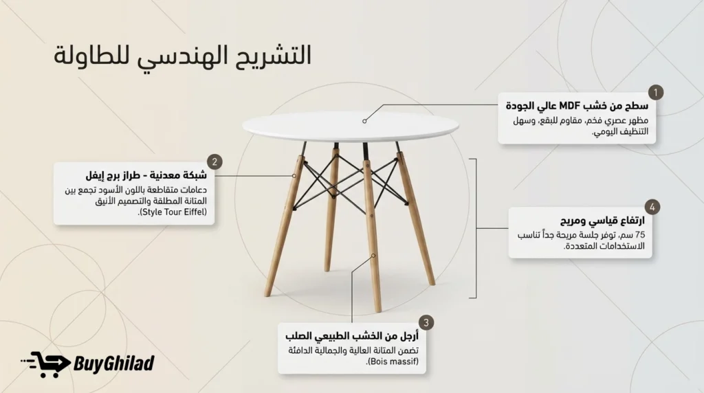 Fiche technique et dimensions du Pack Salle à Manger Scandinave (Table 70-80 cm, Chaises ergonomiques) chez BuyGhilad - بطاقة تقنية توضح أبعاد ومقاسات طقم غرفة الطعام الإسكندنافية.buyghilad
