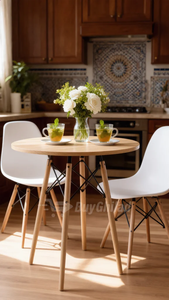 Table ronde scandinave BuyGhilad avec 2 chaises blanches modernes et thé à la menthe Maroc - طاولة طعام دائرية إسكندنافية مع كرسيين باللون الأبيض وشاي النعناع.